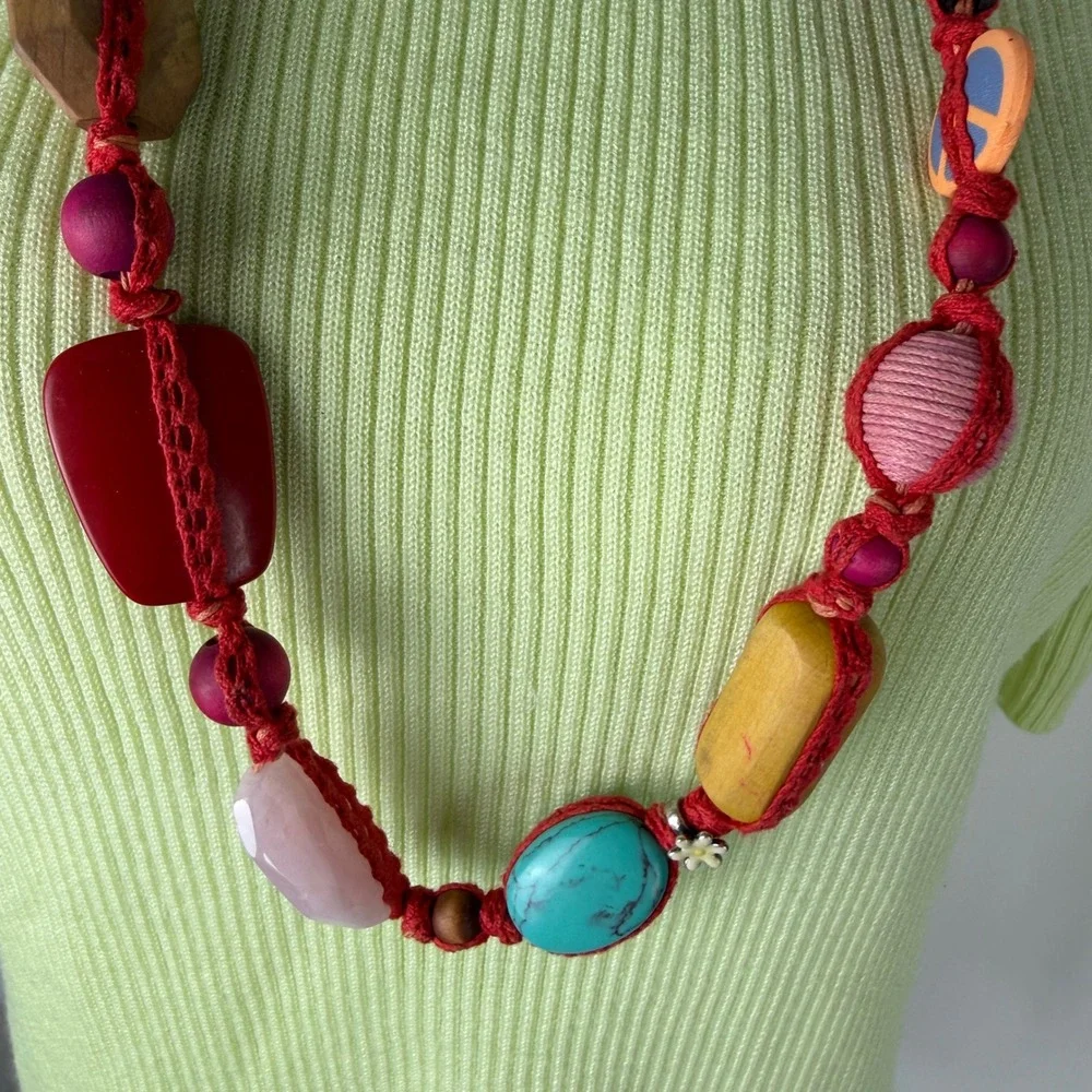 Lucky Brand Red Crochet Long Necklace Multi Color Mixed Media Beads Peace 38
